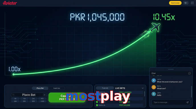 Main screen of Mostplay aviator page for PK players